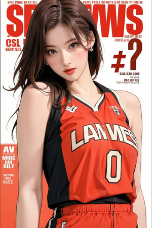 1girl, thigh up body, basketball girl outfit, looking at viewer, detailed clothes, earrings, sanatw, magazine cover, dynamic angle, dynamic posing,