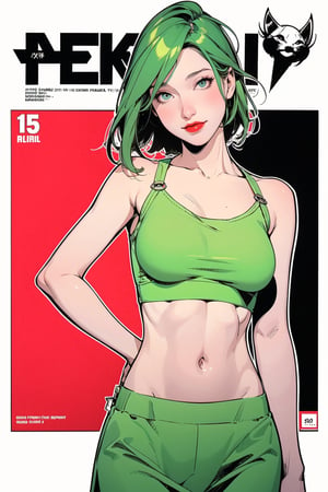 mature, lustful, allure, 1girl, green hair, red lips, eye_lens, detailed clothes, top bikini, croptop hoodie, medium breasts, skirt, looking at viewer, best quality, masterpiece, sharp focus, hakil, magazine cover, ((outline, 2D manga artstyle,))