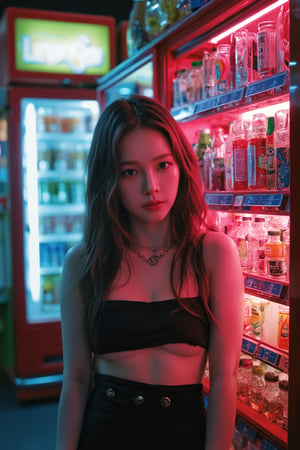 1girl, looking at viewer, hip up, ultra detailed, profesional lighting, magazine cover, convenience store, soda cabinet, 7elenven, analog photo mood, neon light, photorealistic, aespakarina