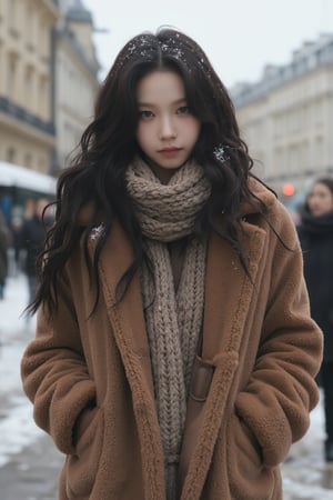 1girl, thigh up body, long dress, turtle neck shirt, down jacket, big scarf, hairstyle, on paris street corner, winter, snow on hair, snow on clothes, looking at viewer, ultra detailed, beautiful face, natural lighting, 2D artstyle, best quality, masterpiece, aespakarina, straight camera angle, noise effect, blurring effect,