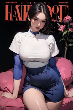 lustful, dangerous, ((waitress,)) thigh up body, 1girl, looking at viewer, intricate clothes, shiny, professional lighting, different hairstyle, coloful outfit, magazine cover, outline, chimai