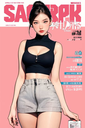 1girl, standing, looking at viewer, styled clothes, turtle neck croptop, cleavage, sleeveless, zipped mini skirt, thighs_choker, hairstyle, sharp focus, magazine cover, coloful background, ((2D artstyle, outline,)) chimai,