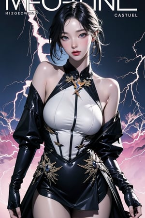 ((mysterious powerful sorceress, casting lightning magic,)) thigh up body, standing, 1girl, looking at viewer, intricate clothes, professional lighting, different hairstyle, coloful outfit, magazine cover,  aespakarina, 