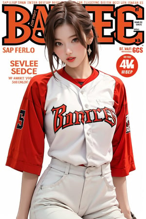 1girl, thigh up body, baseball girl outfit, looking at viewer, detailed clothes, earrings, sanatw, magazine cover, dynamic angle,