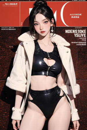 1girl, thigh up body, looking at viewer, styled clothes, hairstyle, aespakarina, magazine cover, center_opening, midriff_peek, fur trim, earrings, 2D manga artstyle, 