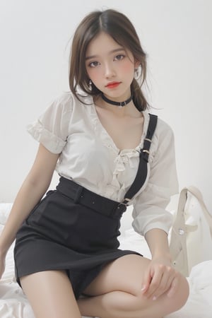 portrait, 1girl, thigh up, light make up, styled shirt, skirt, piercing, looking at viewer, make up, choker, hairstyled, white background, highres, accurate color reproduction, sharp focus, 
aespakarina, chimai,Enhanced all,charcoal \(medium\),yuongg,hine,hakil