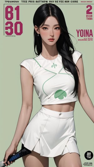 1girl, standing, thigh up body, ((looking at viewer, tennis girl outfit, center opening,)) 2D artstyle, magazine cover, outline, earings, blush, green background, hairstyle, ultra detailed, best quality, sharp focus, ,DiaSondef,sophiesw,Mia ,Anna ,miyeon