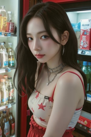 1girl, looking at viewer, hip up, ultra detailed, profesional lighting, magazine cover, convenience store, soda cabinet, 7elenven, analog photo mood, photorealistic, aespakarina