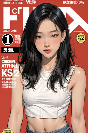 1girl, looking at viewer, styled clothes, turtle neck croptop, sleeveless, hairstyle, sharp focus, magazine cover, coloful background, 2D artstyle, outline, 

chimai,hine,hakil,yuong01,johyun,sim,haohaoulz,kn