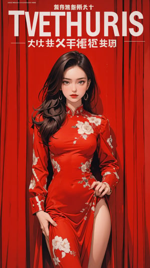 1girl, looking at viewer, thigh up body, sexy and elegant, red background, hairstyle, dynamic composition, styled clothes, cutout clothing, ultra detailed, best quality, sharp focus, aespakarina, magazine cover, outline, 2D art, chimai,htt,sim,huondey,kn