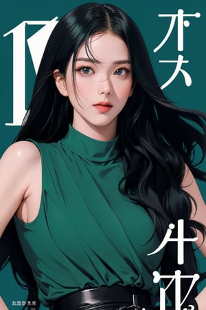 1girl, hip up, looking at viewer, detailed clothes, turtle neck shirt, sleeveless, accurate color reproduction, best quality, professionally color graded, artwork, blurring effect, professional lighting, sanatw, magazine cover, green background, jisoo