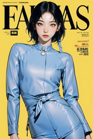 1girl, thigh up body, detailed clothes, kpop idol outfit, styled, medium hair, tied hair, looking at viewer, sharp focus, magazine cover, yellow background, ((outline,)) chimai, aespakarina,sanatw