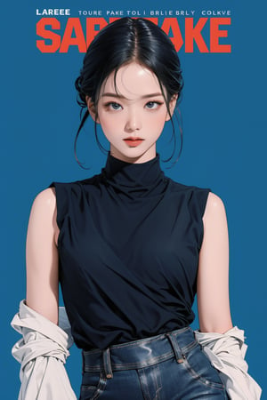 1girl, thigh up, looking at viewer, detailed clothes, turtle neck shirt, sleeveless, accurate color reproduction, best quality, professionally color graded, artwork, blurring effect, professional lighting, sanatw, magazine cover, blue background, jisoo