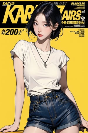 1girl, thigh up body, detailed clothes, kpop idol, short length hair, 2_braided_hair, blunt bangs, looking at viewer, sharp focus, magazine cover, yellow background, ((outline,)) chimai, aespakarina,sanatw