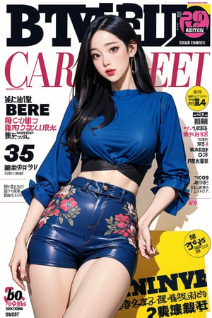 allure, lustfully, 1girl, thigh up body, detailed clothes, earrings, magazine cover, colorful, chimai