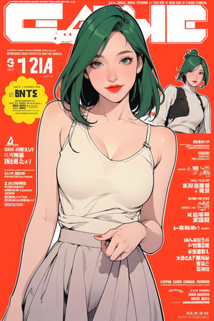 mature, lustful, allure, 1girl, green hair, red lips, eye_lens, detailed and styled clothes, styled top, medium breasts, skirt, looking at viewer, best quality, masterpiece, sharp focus, hakil, magazine cover, ((outline, 2D manga artstyle,))