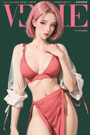 lustful, allure, sexy, 1girl, pink hair, thigh up body, looking at viewer, translucent, intricate clothes, cutout clothes, cinematic lighting, different hairstyle, magazine cover, green background, sim, kmiu
