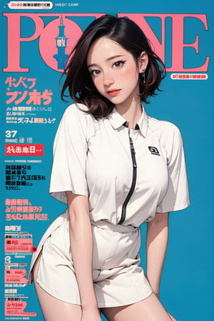 nsfw, tennis girl outfit, 1girl, blush, thigh up, looking straight at viewer, earrings, magazine cover, 2D manga artstyle, outline, blue background, hine