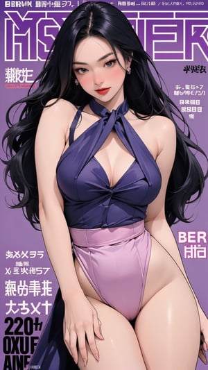 1girl, looking at viewer, thigh up body, stocking, earings, blush, lustful emotion, nsfw, purple background, hairstyle, styled clothes, cutout clothes, dynamic composition, ultra detailed, best quality, sharp focus, magazine cover, outline, 2D artstyle,aespakarina,htt,sim