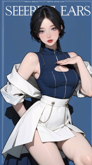 1girl, looking at viewer, thigh up body, stocking, earings, elegant and allure emotion, nsfw, blue background, hairstyle, styled clothes, cutout clothes, dynamic composition, ultra detailed, best quality, sharp focus, magazine cover, outline, 2D artstyle,aespakarina,htt