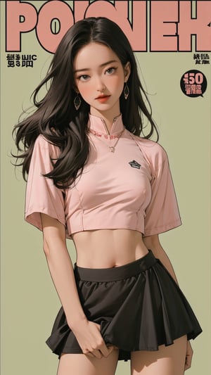 1girl, standing, thigh up body, ((looking at viewer, tennis girl outfit, miniskirt, midriff,)) center opening, 2D artstyle, magazine cover, outline, earings, blush, green background, hairstyle, ultra detailed, best quality, sharp focus,rosé,jisoo,shuhua,kn