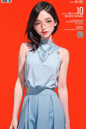 allure, lustful, 1girl, thigh up body, looking at viewer, translucent, intricate clothes, cutout clothes, ((blue white clothes, sleeveless, skirt,)), cinematic lighting, hairstyle, magazine cover, red background, hakil, eyeglasses,