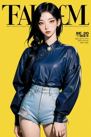 1girl, thigh up body, detailed clothes, kpop idol outfit, styled, medium hair, tied hair, looking at viewer, sharp focus, magazine cover, yellow background, ((outline,)) chimai, aespakarina,sanatw