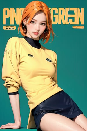 tennis girl outfit, 1girl, thigh up body, orange hair, looking at viewer, hairstyle, detailed clothes, earrings, sanatw, magazine cover, green background,