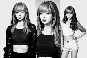 ((masterpiece, best quality, digital art, official art, artwork, hip up body,)) monochrome, different color hair, 1girl, looking at viewer, professional lighting, high quality, ultra detailed, simple background, htt,jennie,lisa