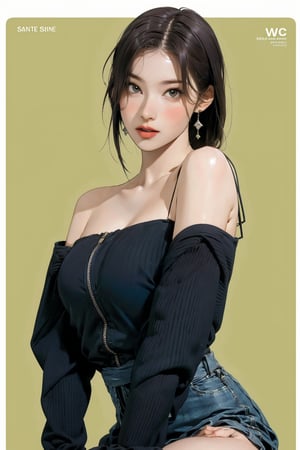 styled outfit, 1girl, thigh up body, looking at viewer, detailed clothes, earrings, sanatw, magazine cover, green background, 2D artstyle,