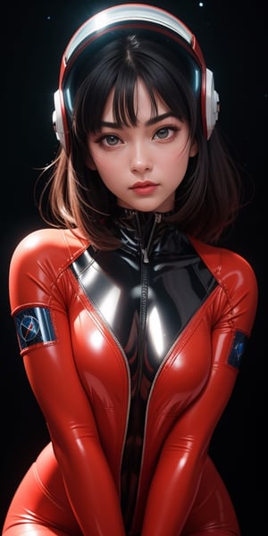 close-up face shot, 1 girl, [Monica Belluci], fiery red jacket, tight suit,Space helm of the 1960s,and the anime series G Force of the 1980s,detailed glossy skin, ultrarealistic sweet girl, space helm 60s, holographic, holographic texture, space,  fashion photography, high resolution, detailed, dreamy, depth of field.