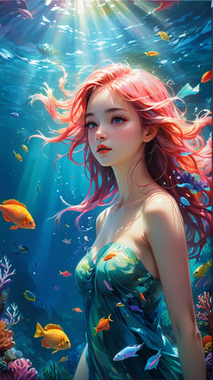 Conceptual art of marine life, Undersea landscape, Marine life,Beautiful coral reefs come in different shapes, 3D,, Fish, Girl nude animated fantasy illustration. Long white hair scattered in the sea, Drift, Very harmonious. The whole painting adopts a messy and imaginative painting style. The colors are bright and saturated, And with smooth lines. The mystery and beauty of the ocean, The painting depicts an underwater world full of life and vitality, Animated art wallpaper 8 K,

dynamic background, 8k resolution, looking away, masterpiece, best quality, Photorealistic, ultra-high resolution, photographic light, full body, whimsical, league of legends, illustration by MSchiffer, fairytale, sunbeams, best quality, best resolution, cinematic lighting, Hyper detailed, Hyper realistic, masterpiece, atmospheric, high resolution, vibrant, dynamic studio lighting, wlop, Glenn Brown, Carne Griffiths, Alex Ross, artgerm and james jean, spotlight, fantasy, surreal