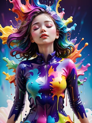 masterpiece, best quality, 1girl, closed eyes, upper body, hands behind back, splashing, abstract, psychedelic, neon,  (creative:1.3), fantasy, cosmic colorfull background,a girl formed of colored glaze,glazed girl,detailmaster2