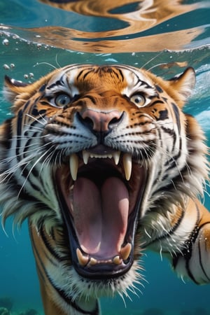close up photo, real life, underwater, large Bengal tiger aggressively attacking the camera, mouth wide open showing all its huge teeth and fangs, big waves, natural colors, closeup, looking at viewer, 2 huge fangs