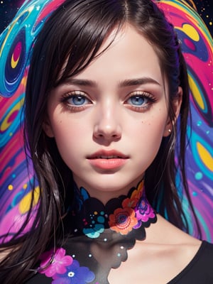 masterpiece, 4k quality, 1girl, open eyes, Beautiful and delicate eyes, detailed face, Beautiful eyes,((realism: 1.9 )), upper body, hands behind back, splashing, abstract, psychedelic, ultra neon,  (creative:1.8), fantasy, cosmic colorfull background