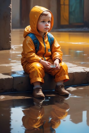 A small child made of glass sitting and looking sadly at a puddle of water below. The puddle is a beautiful and mysterious and consistent color. masterpiece. golden ratio. artstationhq. painting with vivid color. highly detailed. trending on artstation