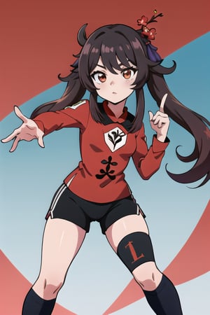 hu tao,  anime, standing, serius expression,  soccer uniform,  red shirt,  black shorts,  black socks,   chestnut hair,  scarlet eyes with floral patterns, genshin_impact,  dynamic pose,   High quality, Twin tails