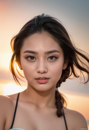 Create an image of a young Indian woman who appears to be around 19 or 20 years old. She has a fair complexion with strikingly beautiful facial features. Her eyes are large and expressive, her lips full and perfectly shaped. Her overall look exudes elegan