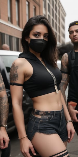 A gritty urban scene unfolds as one girl stands solo, her black hair flowing freely as she gazes directly at the viewer. She wears fingerless gloves, a cropped top, and shorts, showcasing her toned midriff, while a hooded sweatshirt with graffiti-covered art wraps around her torso, featuring body writing that tells a story of its own. Amidst the rugged urban landscape, a group of boys in military gear forms a tight circle around a central figure, all wearing fingerless gloves and holding rifles at the ready. A tattooed male stands out, his helmet and mask a testament to precision, with a watch on his wrist that adds an unexpected touch to this intense scene.