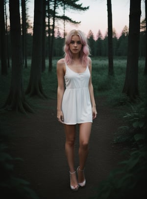  Full body photo of 3 woman, very attractive girl wearing cut-off white dress, her eyes are blue and lips are pinky, blondy hair, cinematic style, kodak 2820 color tone, cool color. forest in the background, darkness, by night.