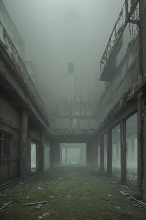 The image portrays a haunting and surreal scene set in an eerie, abandoned courtyard of a dilapidated building. The overall atmosphere is imbued with a greenish, foggy mist, enhancing the unsettling mood.