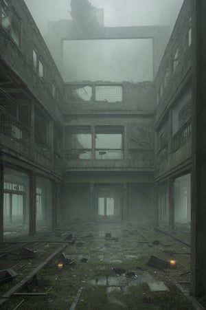 The image portrays a haunting and surreal scene set in an eerie, abandoned courtyard of a dilapidated building. The overall atmosphere is imbued with a greenish, foggy mist, enhancing the unsettling mood.