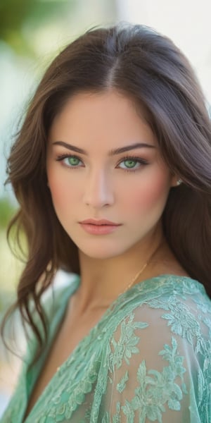 A serene portrait of a captivating brunette beauty, bathed in soft sunlight that accentuates her striking emerald eyes and intricate hair textures. Her tranquil expression is framed by the subtle nuances of her gaze, set against a harmonious balance of composition. The Canon EOS R6's 50mm lens at f/1.2 creates a shallow depth of field, emphasizing her captivating face as the central focal point, utilizing the rule of thirds for visual appeal.