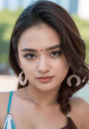 Create an image of a young Indian woman who appears to be around 19 or 20 years old. She has a fair complexion with strikingly beautiful facial features. Her eyes are large and expressive, her lips full and perfectly shaped. Her overall look exudes elegan