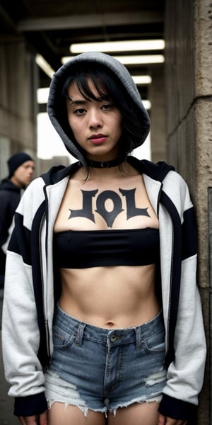 A gritty urban scene unfolds as one girl stands solo, her black hair flowing freely as she gazes directly at the viewer, her face partially obscured by a mouth mask. She wears fingerless gloves, a cropped top, and shorts, showcasing her toned midriff. A weapon is held firmly in hand, while a hooded sweatshirt with graffiti-covered art wraps around her torso, featuring body writing that tells a story of its own. Amidst the rugged urban landscape, a group of boys in military gear forms a tight circle around a central figure, all wearing fingerless gloves and holding rifles at the ready. A tattooed male stands out, his helmet and mask a testament to precision, with a watch on his wrist that adds an unexpected touch to this intense scene.