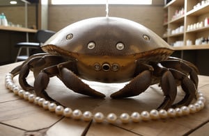 sunlight casting a warm glow. Large crab, covered in opulent jewels, geodes, and pearls, walks slowly into frame. Sparkling shell glistens as it moves, dynamic camera capturing every facet. The composition is symmetrical, with rounded shapes reflecting the beauty of the crab's jewels. A Japanese minimalist influence is present, with clean lines and subtle textures. In the background, the industrial-inspired architecture of Hair salon salon by Renata K adds an edgy touch.