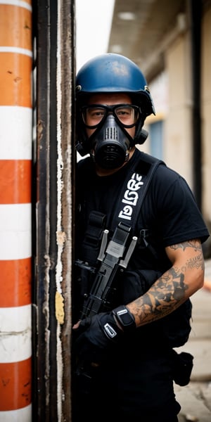 Rugged urban landscape: boys in military gear form a tight circle around a central figure, fingerless gloves worn, M4 carbine held firm. Rifles at the ready, amidst colorful chaos of graffiti and debris. Tattooed male stands out, helmet and mask a testament to precision. Watch on wrist an unexpected touch of humanity. American flag waves distant, symbol of freedom amidst turmoil. Gas masks hang loosely, hinting at uncertainty and danger lurking beneath.