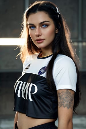 Full body photo of 1i7t713r-smf woman,
(greater details in definitions of face and eyes), clear face, clear eyes, (realistic and detailed skin textures), (extremely clear image, UHD, resembling realistic professional photographs, film grain), a pretty nordic girl wearing a white and grey sports jersey with the text “QATAR AIRWAYS” printed across the front. The person’s face is nordic girl, and she standing against a moss concrete wall. The concrete wall is illuminated by bright sunlight. The person is actually wearing a Paris Saint-Germain (PSG) football team kit with “QATAR AIRWAYS” printed in black text across the front of the jersey. Above the text, there’s a logo consisting of a circle with intricate designs inside it, and below it, there’s Puma’s logo (a jumping cat). One arm of the individual is visible, displaying tattoos on their skin
, 