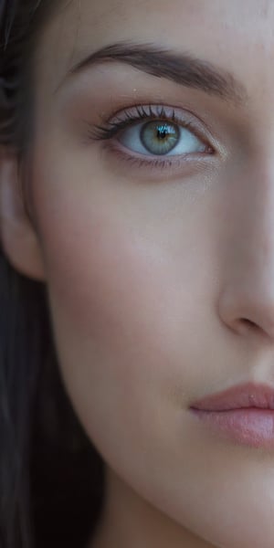 Medium close-up shot on a woman's face, her gaze directly addressing the viewer. Rain gently caresses the contours of her chiseled features, accentuating the sharp angles of her face. The 16K UHD resolution delivers stunning details, with each raindrop tracing the curves of her skin. Professional color grading applied to create a striking, high-contrast raw image.