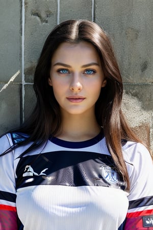 Full body photo of 1i7t713r-smf woman,
(greater details in definitions of face and eyes), clear face, clear eyes, (realistic and detailed skin textures), (extremely clear image, UHD, resembling realistic professional photographs, film grain), a pretty nordic girl wearing a white and grey sports jersey with the text “QATAR AIRWAYS” printed across the front. The person’s face is nordic girl, and she standing against a moss concrete wall. The concrete wall is illuminated by bright sunlight. The person is actually wearing a Paris Saint-Germain (PSG) football team kit with “QATAR AIRWAYS” printed in black text across the front of the jersey. Above the text, there’s a logo consisting of a circle with intricate designs inside it, and below it, there’s Puma’s logo (a jumping cat). One arm of the individual is visible, displaying tattoos on their skin
, 